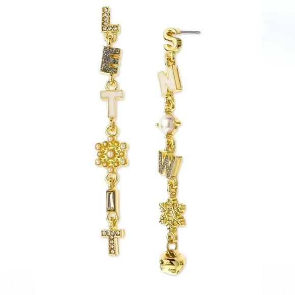 Christmas Let It Snow Mismatch Linear Gold Tone Drop Earrings NWT - Picture 1 of 4